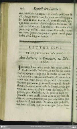 Lettre DLVII. De Monsieur De Sévigné. Aux Rochers, ce Dimanche, 12. Juin, 1689
