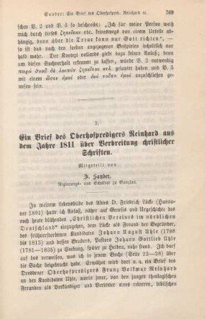 769-773 Ein Brief des Oberhofpredigers Reinhard aus dem Jahre 1811 über Verbreitung christlicher Schriften