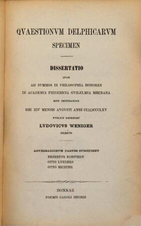 Qvaestionvm Delphicarvm specimen : dissertatio