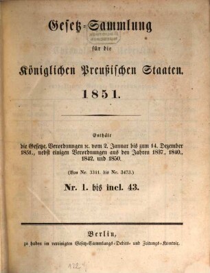 Gesetzsammlung für die Königlich-Preußischen Staaten : enthält die Verordnungen vom ... 1851