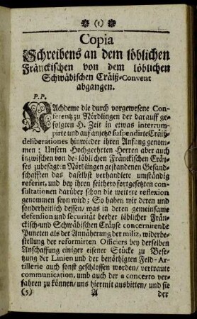 Copia Schreibens an dem löblichen Fränckischen von dem löblichen Schwäbischen Cräiß-Convent abgangen.