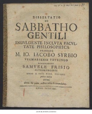Dissertatio De Sabbatho Gentili