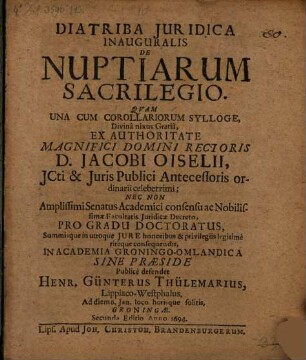 Diatriba iuridica inauguralis de nuptiarum sacrilegio