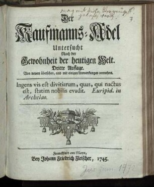 Der Kaufmanns-Adel : Untersucht Nach der Gewohnheit der heutigen Welt