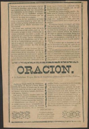 Oración : a la Santísima Virgen María de Guadalupe para implorar la Paz Pública