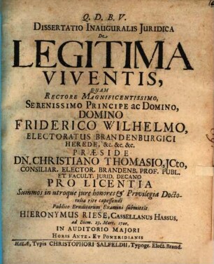 Dissertatio Inauguralis Iuridica De Legitima Viventis