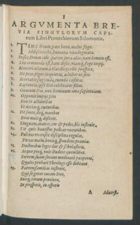 Argumenta Brevia Singulorum Capitum Libri Proverbiorum Salomonis.