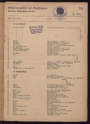 Bücherverzeichnis der Baubücherei. Staatliche Bauhochschule Weimar