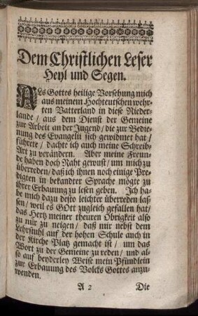 Dem Christlichen Leser Heyl und Segen.