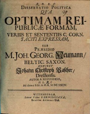 Diss. polit. qua optimam reipublicae formam verbis ... C. C. Taciti expressam exhibet