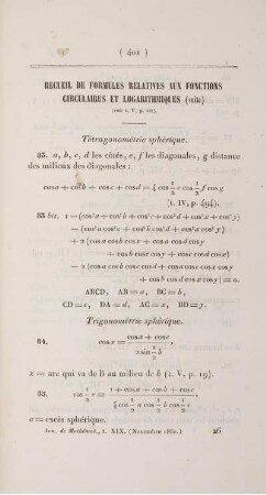 Recueil de formules relatives aux fonctions circulaires et logarithmiques. [Fortsetzung]