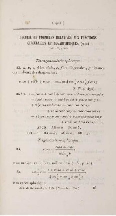 Recueil de formules relatives aux fonctions circulaires et logarithmiques. [Fortsetzung]