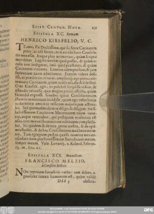 Epistola XCI. Bruxellam. Francisco Melzio, à Consiliis Bellicis.