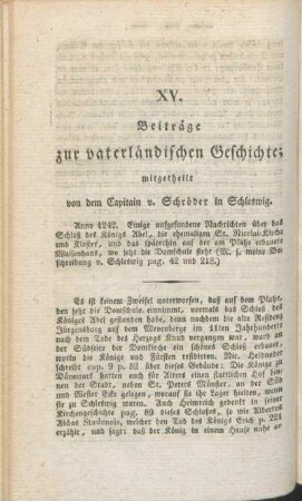 XV. Beiträge zur vaterländischen Geschichte; mitgetheilt von dem Capitain v. Schröder in Schleswig.