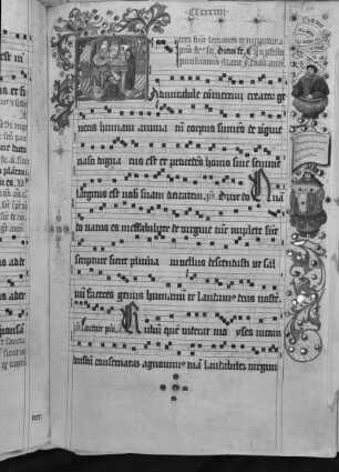Antiphonarium (Benediktinerhandschrift) — Textseite mit historisierter Initiale und Propheten in der Bordüre, Folio 231recto
