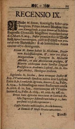 Libri Memorialis Ill. Gymnasii Saxo-Hennebergici : Vitas Illorum, qui Schleusingae inde ab ortu Gymnasii studiis liberalibus operati sunt, summatim exhibentis, & in Recensiones Pvblicas distributi, 9. Recensio ... ed. 24. Iul. 1711