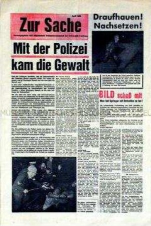 Zeitung des Allgemeinen Studentenausschusses der Universität Hamburg über einen Polizeieinsatz gegen demonstrierende Studenten