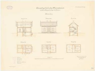 Astrophysikalisches Observatorium auf dem Telegrafenberg, Potsdam: Pförtnerhaus: Grundriss Keller, Erdgeschoss, Dachgeschoss, Aufriss Vorderansicht, Längsschnitt, Querschnitt 1:100