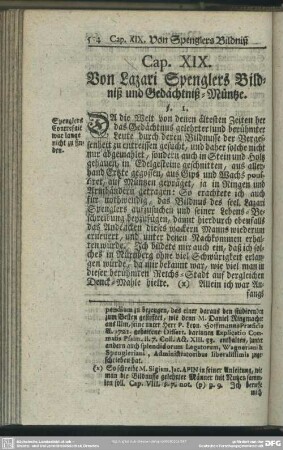 Cap. XIX. Von Lazari Sprenglers Bildniß und Gedächtniß-Müntze