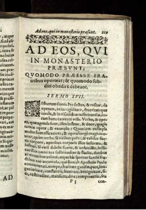 Ad Eos, Qui In Monasterio Praesunt; Quomodo Praeesse Fratribus oporteat; & quomodo subditi obedire debeant. Sermo XVII.