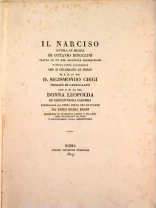 Il Narciso : favola in musica, tratta da un mss. originale Barberiniano e ...