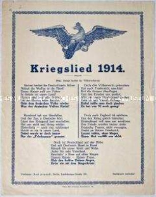 Textblatt mit einem patriotischen Lied auf den 1. Weltkrieg