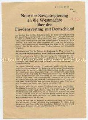 Flugschrift mit dem Wortlaut der UdSSR-Note an die Westmächte vom 10. März 1952 über Vorbereitung eines Friedensvertrages mit Deutschland ("Stalin-Note")