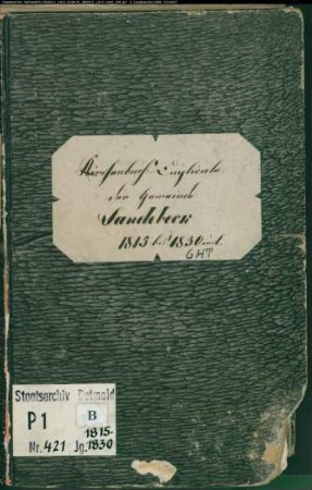 Kirchenbuchduplikat der katholischen Gemeinde Sandebeck, Kreis Höxter (GHT 1815-1830) (Gemeinde: Katholische Gemeinde Sandebeck)