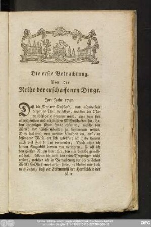 Die erste Betrachtung. Von der Reihe der erschaffenen Dinge.