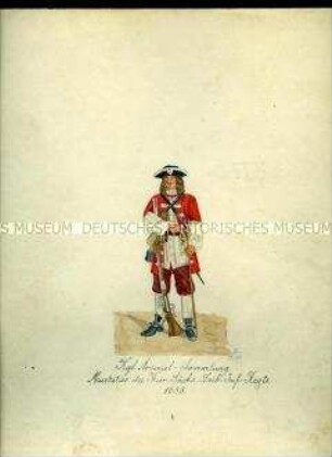 Uniformdarstellung, Musketier des Kursächsischen Leib-Infanterie-Regiments, 1683. Aus: Sammelmappe "Sachsens Militär", Königliche Arsenalsammlung.