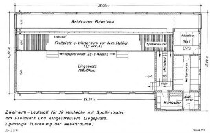 Zweiraum-Laufstall für 30 Milchkühe mit Spaltenboden am Freßplatz und eingestreutem Liegeplatz
