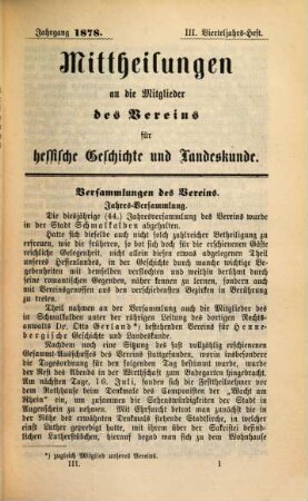Mitteilungen des Vereins für Hessische Geschichte und Landeskunde Kassel 1834 e.V.. 1878