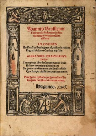 Ioannis Brassicani Tubingensis Pedotribae Institutiones grammaticae elimatissimae : In Osores Brassica si quibus ingrta est, nasturcia rodant, Et grati his sunto Carduus atq[ue] filix. Alexander Brassicanvs Iunior ...