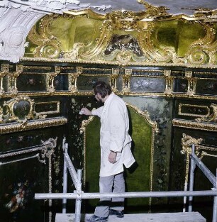 Würzburg. Restaurator bei der Arbeit im "Grünlackierten Zimmer" der Würzburger Residenz. Reinigen der Wandbemalung