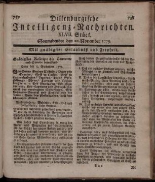XLVII. Stück. Sonnabends: den 20. November 1779.