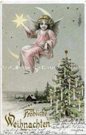 Weihnachtskarte mit Engel auf Mondsichel