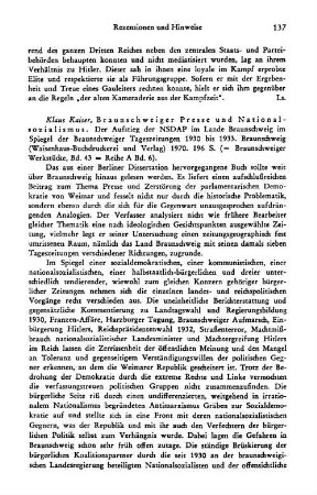 Kaiser, Klaus :: Braunschweiger Presse und Nationalsozialismus, der Aufstieg der NSDAP im Lande Braunschweig im Spiegel der Braunschweiger Tageszeitungen 1930 bis 1933, (Braunschweiger Werkstücke, 43), (Braunschweiger Werkstücke, Reihe A, 6) : Braunschweig, Waisenhaus-Buchdruckerei und Verlag, 1970