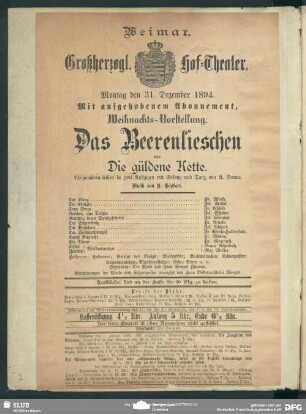 Theaterzettel Aufführung in Weimar (31.12.1894)