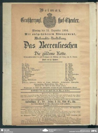 Theaterzettel Aufführung in Weimar (31.12.1894)