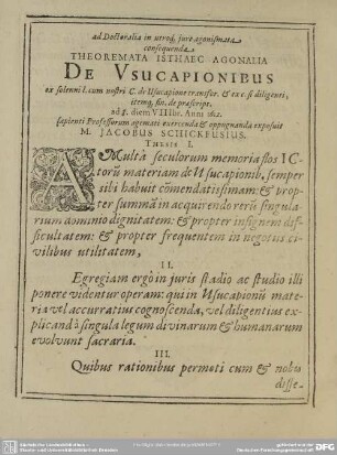 ad Doctoralia in utroque jure agonismata consequenda Theoremata Isthaec Agonalia De Usucapionibus ...