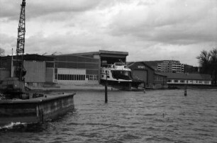 Kressbronn: Stapellauf Fährschiff M.S. Friedrichshafen, Gesamtansicht, Bodan Werft mit M.S. Friedrichshafen