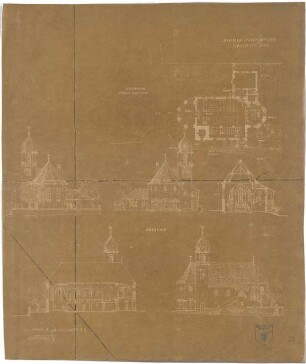 Bestelmeyer, German; Murnau am Staffelsee (Bayern); Ev. Kirche und Pfarrhaus - Kirche (Grundriss; Quer- und Längsschnitt; Ansichten)