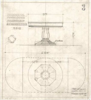 Littmann, Max; Bocksberg; Hofgut, Landhaus - Auszugtisch mit zwei Einlegebrettern im Speisezimmer (Grundriss, Ansicht)