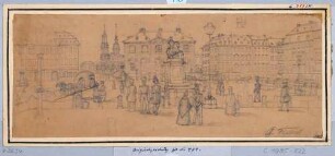 Dresden, Blick auf den Neustädter Markt nach Süden mit dem Reiterstandbild und der Neustädter Wache, links Blick über die Augustusbrücke auf die Katholische Hofkirche