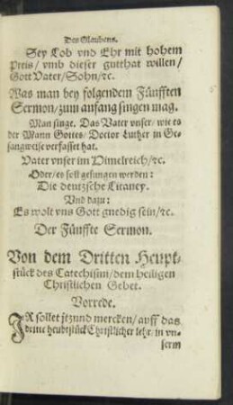 Der Fünffte Sermon. Von dem Dritten Heubtstück des Catechismi/ dem heiligen Christlichen Gebet.