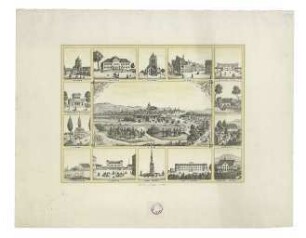 Ulm von Südwesten. Um 1860. Hauptbild in einem Sammelblatt mit weiteren 14 Einzelansichten von Ulm.