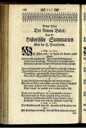 Ander Theil Der kleinen Bibel / Das ist: Historische Summarien über die H. Propheten. = Ander Theil Der kleinen Bibel/ Das ist: Lehr- und Trost-Summarien über die H. Propheten.