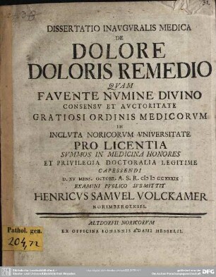 Dissertatio Inauguralis Medica De Dolore Doloris Remedio