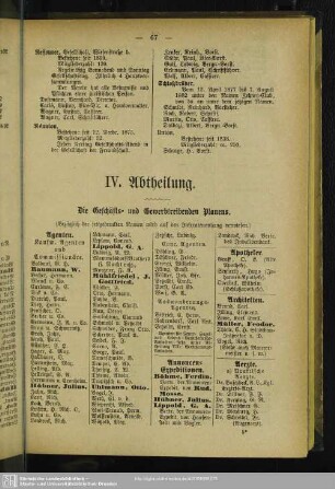 IV. Abtheilung. Berufsklassen und Gewerbebetriebe : V. Abtheilung. Die Geschäfts- und Gewerbetreibenden Plauens