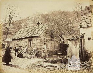 Ländliche Studien und Schiffe auf dem Neckar: Bauernhaus mit Staffage